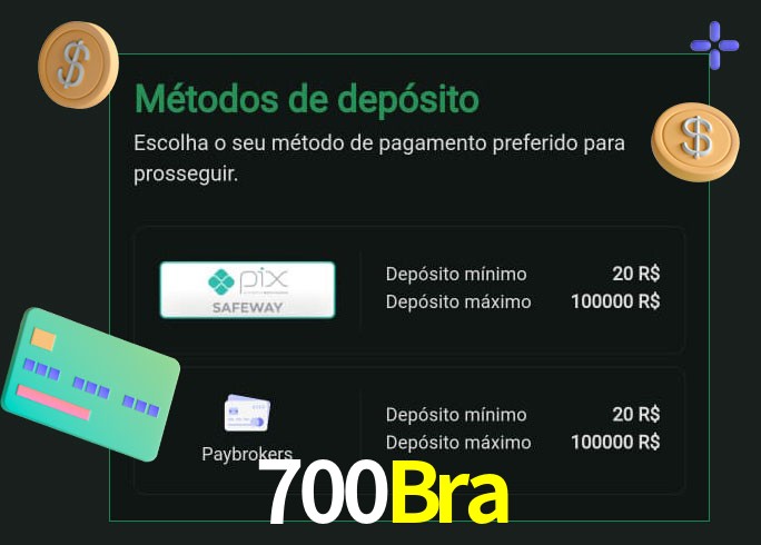 O cassino 700Bra oferece uma grande variedade de métodos de pagamento